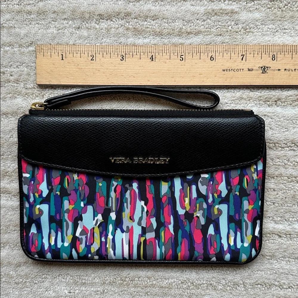 Vera Bradley Envelope Wristlet Watercolor Brushstrokes Black Leather Trim Clutch